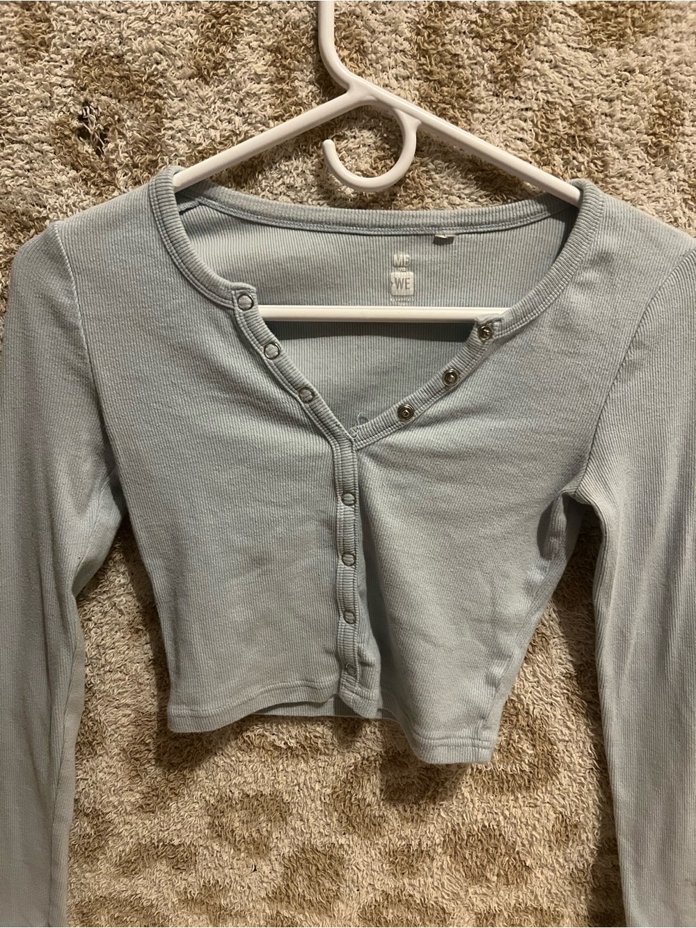 Me to We Light Blue Cropped Ribbed Snap-Front Top